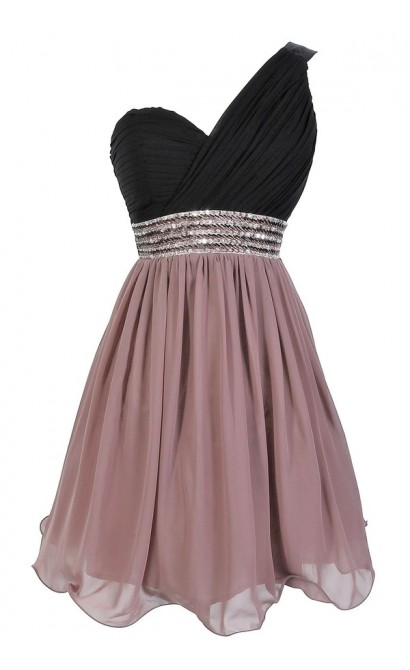 One Shoulder Embellished Chiffon Designer Dress in Black/Vintage Rose